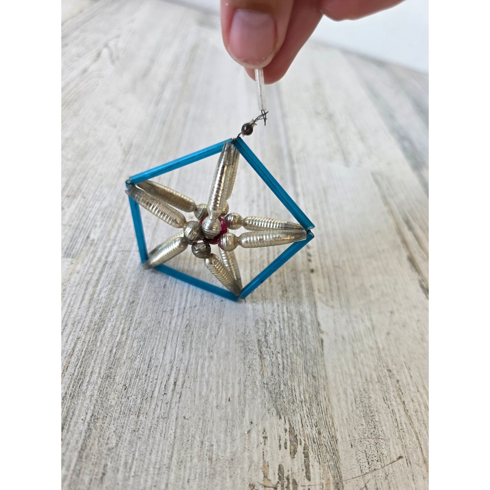 Antique star Mercury beaded glass czech ornament blue silver pink Xmas tree